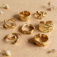 Set de 7 anillos abiertos de acero inoxidable dorado de diseño único, juego de anillos para nudillos apilables y versátiles de lujo - Dorado - Ver 10