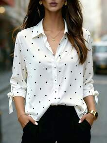 Women's 3/4 Sleeve Button-Up Polka Dot Shirt With Turn-Down Collar & Tie Cuff Detail – Versatile Casual-Business Blouse For Office, Commute, Home & Everyday Wear, Spring Summer Fall Vacation - White - View 6