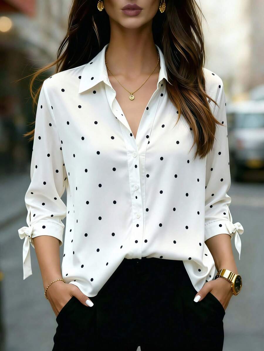 女士七分袖波点衬衫，翻领设计，袖口系带，百搭休闲商务风，适合办公室、通勤、居家及日常穿着，春夏秋冬度假皆宜。 - 白色 - 查看 1