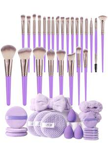 这款43件套化妆工具套装包含：25支化妆刷套装 + 3个化妆海绵 + 6个三角粉扑 + 3个圆形粉扑 + 3个洁面海绵 + 2个手碗挂绳 + 1个发圈 - 淡紫色 - 查看 1