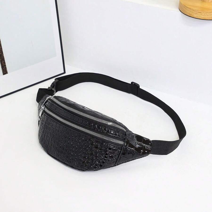 Nueva bolsa de cintura con relieve de cocodrilo brillante, de gran capacidad con doble cremallera, resistente al agua y a la abrasión, bolsa de pecho cruzada - Negro - Ver 1
