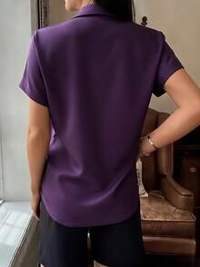 Women's Elegant White Short Sleeve Shirt With Collar Button, Regular Length Top Summer - Purple - View 3