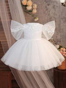 Baby Girls 0-2 Years Old Bow Decor Mini Dress, White Christening Gown Suitable For Party - White - View 2