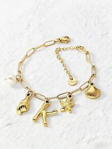 1 件 18K 镀金吊坠手链，不锈钢链式手链，贝壳字母项链，金吊坠，波西米亚海滩风格，18K 海星冲浪者珠宝礼物，Ins 风格，金手链，圣诞节，万圣节，优雅礼物 - 海洋字母手鍊 - 查看 16