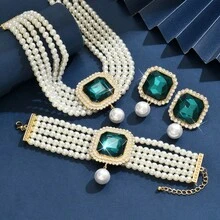 Bộ 4 món trang sức sang trọng, cầu kỳ, nhiều lớp đính ngọc trai giả, đá rhinestone và pha lê, gồm vòng cổ, bông tai và vòng tay, thích hợp làm quà tặng cho phụ nữ trong đám cưới, tiệc tùng và các dịp lễ. - Nhiều màu - Xem 3