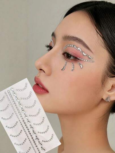 1 miếng đính đá hình trăng lưỡi liềm màu bạc siêu sáng, dùng trang trí mặt, trang điểm cô dâu, trang điểm Hanfu, trang điểm sân khấu hòa nhạc/lễ hội âm nhạc, miếng dán khóe mắt, tự dính và chống thấm nước.