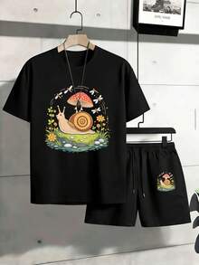 Snail Mushroom Print Summer Shorts Set ,Men's Summer Casual Short-Sleeved T-Shirt And Drawstring Shorts Two-Piece Set, Versatile, Stylish, Loose And Comfortable Clothing. - 黑色 - 查看 2