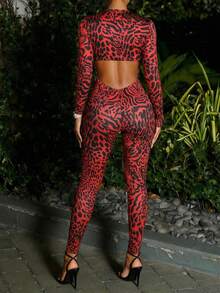 DOUCIU Leopard Print V-Neck Long Sleeve Backless Fitted Jumpsuit Daily Casual Sporty - Red - View 6