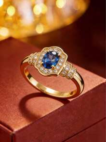 1pc Vintage Oval Blue Sapphire Ring, Encrusted Design Niche Luxury Elegant Everyday Commute Fashion Ring - Ring - View 9