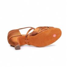 女士拉丁舞鞋，专业中跟舞鞋，适用于舞厅、舞蹈工作室，缎面拉丁舞鞋 - 棕色 - 查看 5