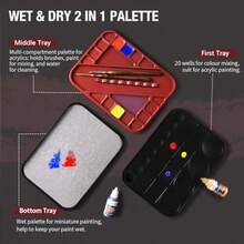 Palet húmedo para pintar miniaturas Paleta seca y húmeda 2 en 1 con tapa incluye 11 pinceles de pintura en miniatura 100 papeles de paleta 4 esponjas soportes para pinceles - RojoNegro - Ver 4
