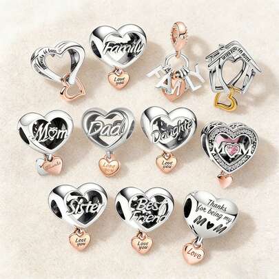 1件装爱心家庭、妈妈、姐妹、女儿主题串珠，适合DIY原创蛇形手链项链，925银材质，女士珠宝制作礼物，送给女孩、女儿的精美饰品。