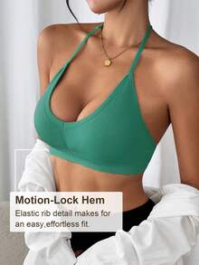 LianShengFa 1 pieza Sujetador deportivo sin costuras acanalado sin espalda con cuello en V, elasticidad media, acolchado extraíble, top de fitness, sujetador de yoga suave, cómodo y transpirable - Verde - Ver 5