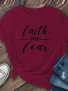 Women's Faith Over Fear Graphic Print T-Shirt - Soft Stretch Crew Neck Short Sleeve Casual Top, Machine Washable, Available In Multiple Colors For Spring Summer Fall, Seasonal Versatile Shirt |   Motivational Apparel |   Stretchable Fabric - 白色 - 查看 9