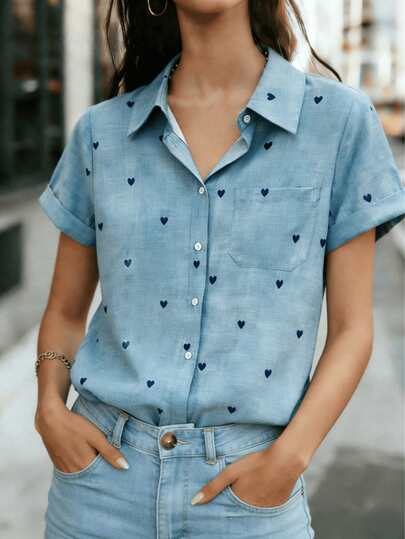 Camisa de mujer de manga corta con botones y estampado de corazón, cuello puntiagudo y bolsillo en el pecho - Blusa casual y linda para la oficina, el hogar, las vacaciones y el uso diario, perfecta para la primavera y el verano