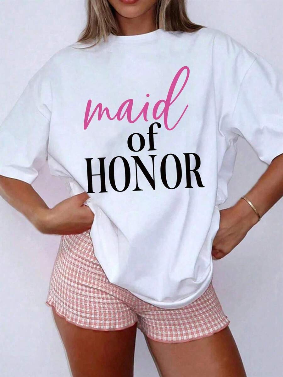 Women'S Plus Size Maid Of Honor T-Shirt - White Crew Neck With Pink Text, Wedding Party Clothing - Washable Bridal Crew Outfit For Maid Of Honor Bridesmaids - Casual Wedding Wear - trắng - Xem 1