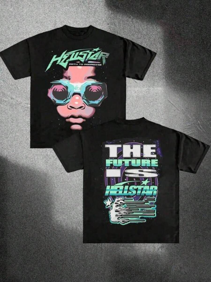 T Shirt Print ,Graphic-Cotton Tees Size Plus, Cartoon Round Neck Short Sleeve, Hellstars The Future Is Hellstars Spiked Goggles Y2K T-Shirt Double Sided Printed (220g 100% Cotton T-Shirt), Summer Clothes, Men's Tops, Casual And Comfortable, Fashionable Graphic Tee, Unisex Style,Y2K,Oversized Shirt Men,With Shirt,Summer Tops,Shirt Suitable - Black - View 1