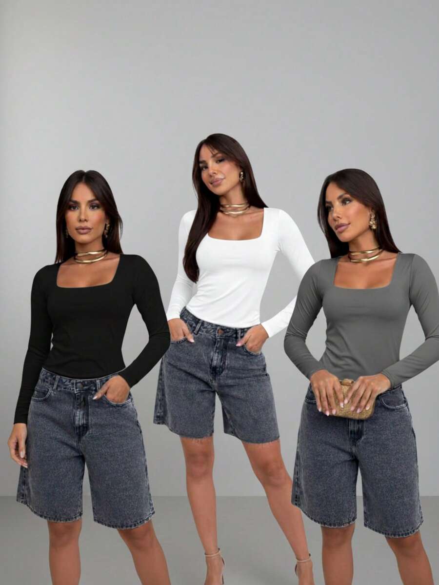 Set Of 3 Women's Second Skin Baby Look Blouses, Long Sleeve, Square Neck, Basic Shaping, Soft Supplex Fabric, Lined, Elastic, Premium Casual Fashion, Versatile, - 灰黑白 - 查看 1