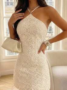 Women's Elegant White 3D Floral Halter Neck Bodycon Mini Dress, Summer Vacation Beach Party Dress - Apricot - View 6