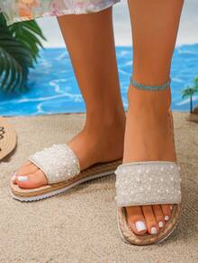 Women's Faux Rope Sole Pearl & Rhinestone Decor Flat Sandals, Comfortable Lightweight White Slides, Bohemian Vacation Style Summer Casual Outdoor Beach Slippers, Elegant White Sandals For Dresses, Plus Size Women's Shoes - White Pearls - Small Colored Diamonds - View 6