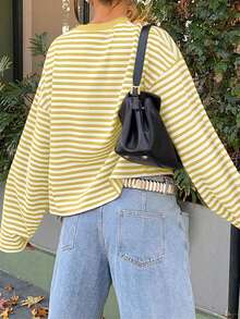 SDNGED Women's Casual Top, Striped Color Block Ribbed Fabric, Everyday Wear Spring/Autumn Yellow - Yellow - View 7
