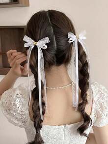 2pcs Women's Elegant Lace Bow Hair Clips In White, Pink, Black, Gold, Suitable For Daily Wear, Weddings, Spring/Summer Vacations - Multicolor - View 1