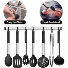 7pcs Silicone Cookware Set, Heat Resistant Kitchen Utensils With Stainless Steel Handles, Including Slotted Turner, Spoon, Ladle, Pasta Maker, Skimmer, And Non-Stick Pan Tongs, Black - Black - View 7