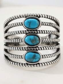 Bohemian Ring, Vintage Synthetic Turquoise, Anniversary, Fashion Birthday Friendship Gift, Party - Silver - View 6