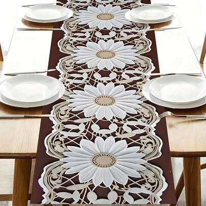 1pc Table Runner, Lace Pattern, Kitchen Dining Table Decoration, Creative Gift, Rectangular Table Runner, Coffee Table Decor, Tabletop Decoration, New Year Holiday Accessory, Home Decor, Exquisite Pattern, Easy To Clean