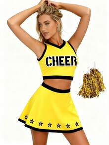 Bộ trang phục biểu diễn cổ vũ mới, áo croptop cổ chữ V in chữ và chân váy ngắn in hình ngôi sao. - Màu vàng - Xem 2