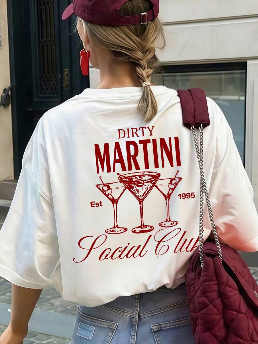 女士夏季新款 Dirty Martini Social Club 复古印花美式性感风短袖T恤,适合酒吧、派对、日常外出、与朋友购物等场合,百搭休闲白色上衣 - 白色 - 查看 1