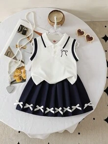 Conjunto de moda casual y lindo para niñas pequeñas, camisa de cuello acanalado + bordado de lazo, falda plisada de unicolor con lazo - Blanco - Ver 1