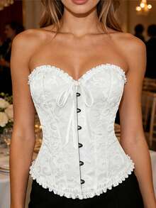 Top corset rétro pour femmes, top de maintien de la taille gothique sexy à lacets, motif floral squelette, bustier blanc d'été - Blanc - Voir 1