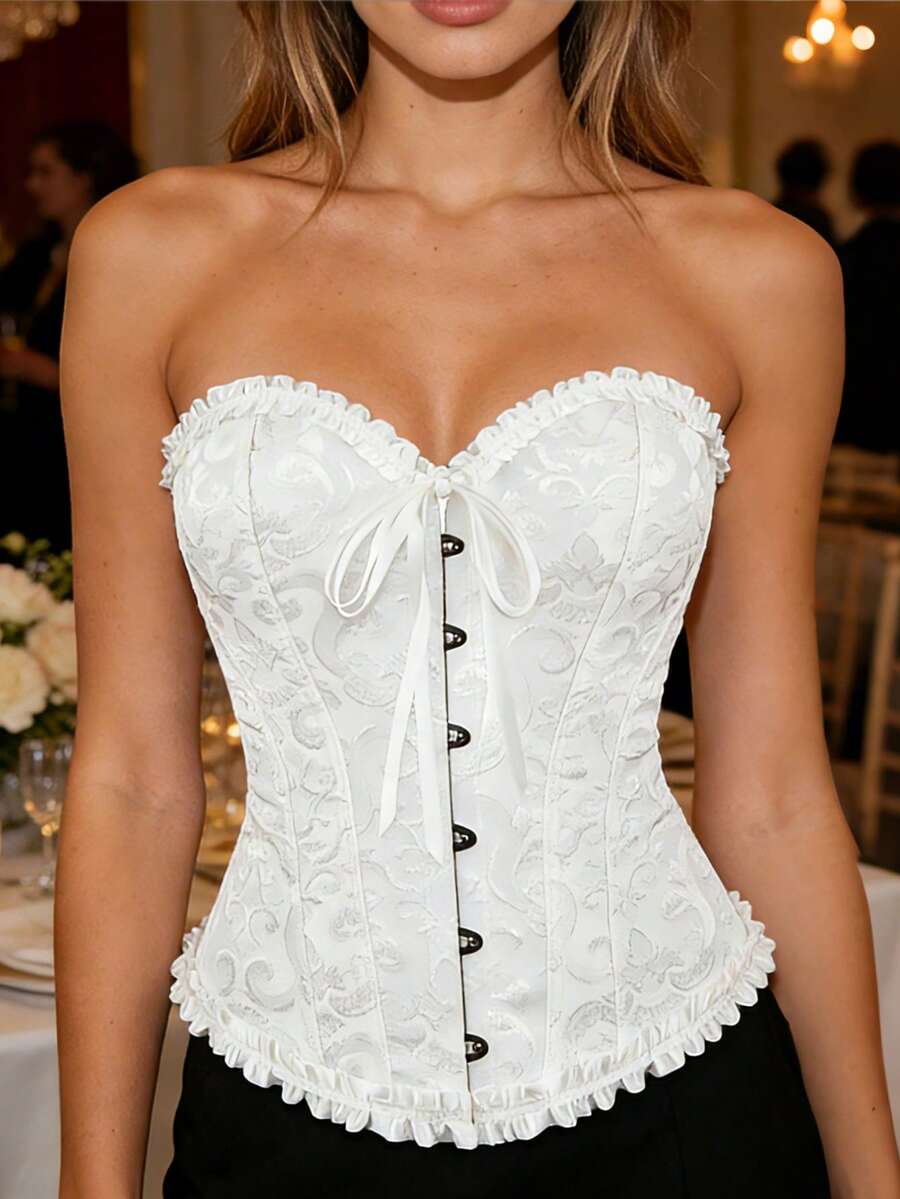 Top corset rétro pour femmes, top de maintien de la taille gothique sexy à lacets, motif floral squelette, bustier blanc d'été - Blanc - Voir 1