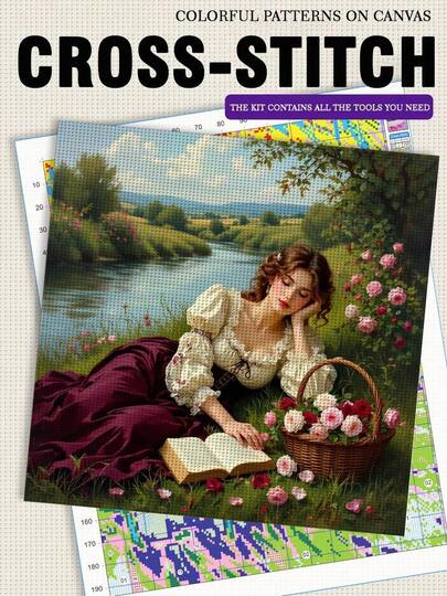 JOZYSH 1PC Frameless 40 * 40cm/15.7 * 15.7in, Girl Reading By The River, 11CT/14CT Printed Cross Stitch DIY Kit, Suitable For Relaxing DIY Cross Stitch Embroidery Set For Adult Beginners, Perfect For Bedroom And Living Room Wall Decoration, Gifts Include Printed Canvas, Needles, Thread, Drawings And Instructions.