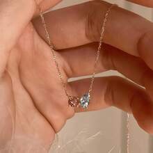 1pc Elegant Women's S925 Sterling Silver Bicolor Pink & Blue Zirconia Pendant Necklace, Minimalist Luxurious Delicate Clavicle Chain, Suitable For Daily Wear - #1 - View 8