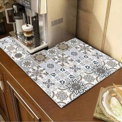 Bộ 1 tấm thảm nhà bếp thấm hút nước – Thảm bảo vệ mặt bàn, chất liệu gel silica, họa tiết hoa, thảm lau khô cho máy pha cà phê và bồn rửa, đồ trang trí ngày lễ (Halloween/Giáng sinh/Ngày Valentine), thảm máy pha cà phê | Thảm họa tiết chần bông | Thảm thấm hút nước