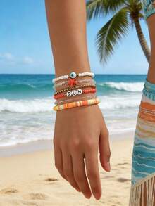 6件套休闲度假风仿绿松石海星串珠手链套装，适合女性日常、度假、冲浪等场合佩戴 - 彩色 - 查看 1