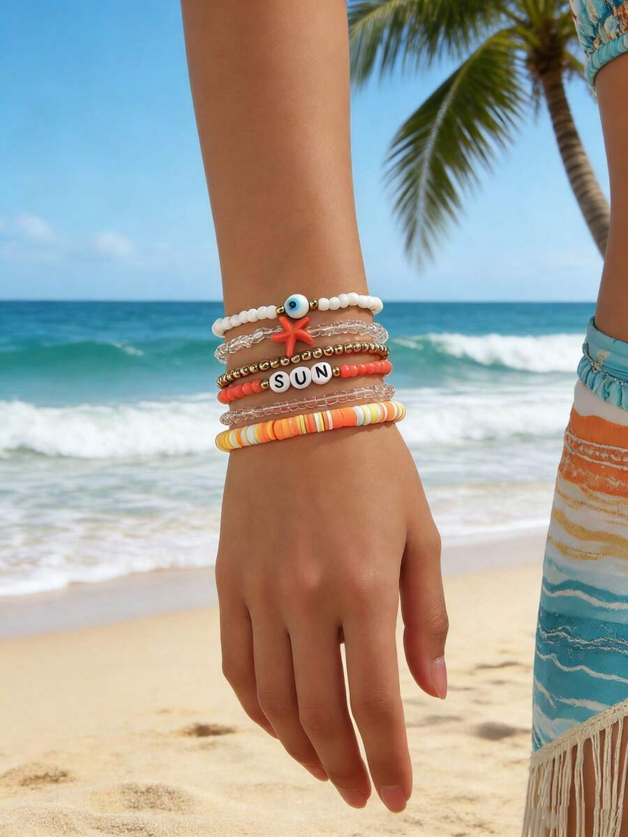 6件套休闲度假风仿绿松石海星串珠手链套装，适合女性日常、度假、冲浪等场合佩戴 - 彩色 - 查看 1