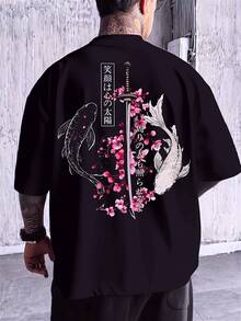 Men'S Japanese Samurai Koi Fish Back Print T-Shirt - Relaxed Fit Casual Summer Tee Featuring Sword And Cherry Blossom Design, Breathable Round Neck, Ideal For Birthday Presents, Christmas Gifts, , Halloween, Plus Size - màu đen - Xem 1