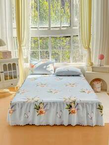 Bộ 3 món (1 ga trải giường, 2 vỏ gối) họa tiết cành hoa lớn màu xanh dương với viền lá sen, ga trải giường che phủ toàn bộ giường, chống bụi, có viền chân giường, bộ 3 món ga trải giường xếp ly với 2 vỏ gối, giặt bằng nước, chất liệu nhung mềm mại, thấm hút mồ hôi, thoáng khí, viền xếp ly che phủ chân giường làm đẹp. - Ngôi nhà mật ong - Xem 7