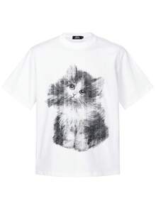 Men's Street Style White T-Shirt With Retro Cat Graphic Print - White - View 2