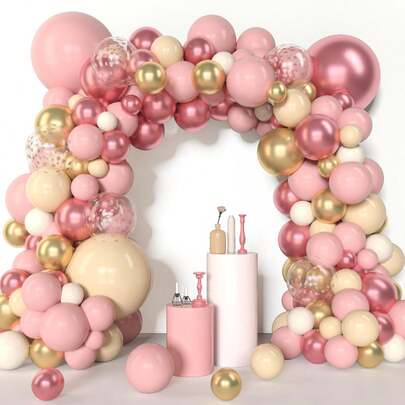 121件波西米亚风腮红气球拱门花环套装，不同尺寸（18、12、10、5英寸），裸色、奶油色、蜜桃色、灰玫瑰色、粉色、金色亮片气球，适用于婴儿派对、生日派对、婚礼装饰