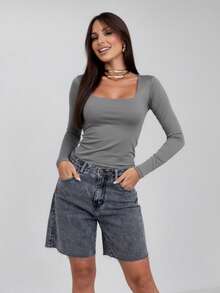 Set Of 3 Women's Second Skin Baby Look Blouses, Long Sleeve, Square Neck, Basic Shaping, Soft Supplex Fabric, Lined, Elastic, Premium Casual Fashion, Versatile, - 淺灰色 - 查看 1