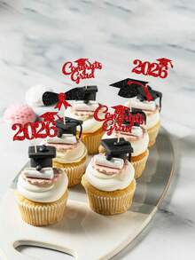 12 piezas Felicitaciones Graduado 2026 Decoraciones para Pastel - Decoraciones de Pastel de Graduación con Diploma y Birrete para Fiesta de Graduación de Escuela Secundaria y Universidad 2026 - negro rojo - Ver 5