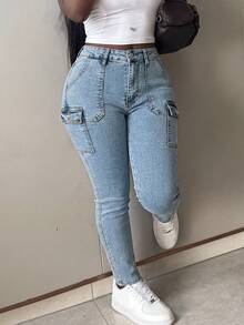 New Arrival Minimalist Casual Slim Fit Washed Light Blue Denim Jeans With Multiple Pockets - Light Wash - View 4