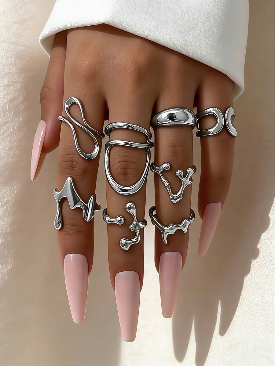 8Pcs/Set Hip Hop Punk Irregular Metal Opening Rings Women Vintage Gold Color Knuckle Joint Ring Party Jewelry Gift - Silver - View 1
