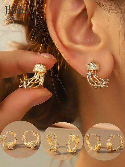 Hihho 1 par de pendientes únicos con diseños de temática oceánica fresca como tortuga marina, árbol de coco, medusa, delfín, etc. Joyería de moda elegante y minimalista para niñas, adecuada para uso diario, festivales, playa, fiestas, ir al trabajo