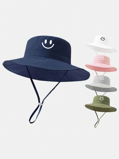 1PC Kids Cute Smiling Face Print Bucket Hat, Wide Brim Sun Hat With Adjustable Chin Strap, Breathable Sun Protection Hat For Toddler Boys