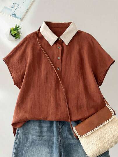 夏季时尚撞色领亚麻短袖女式衬衫，半开襟宽松休闲上衣，通勤修身款上衣
